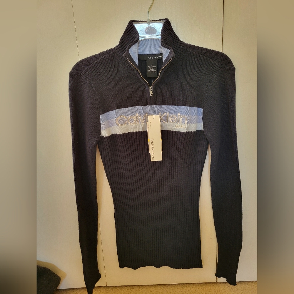 NWT Calvin Klein Navy Blue Zip Up Sweater with Fine Knit Texture Sz M
